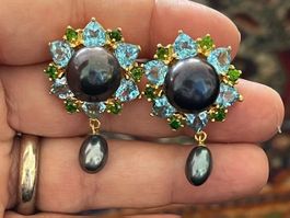 Sweetwater Black Pearls Blue Topazes Earrings SS925 14k Gold