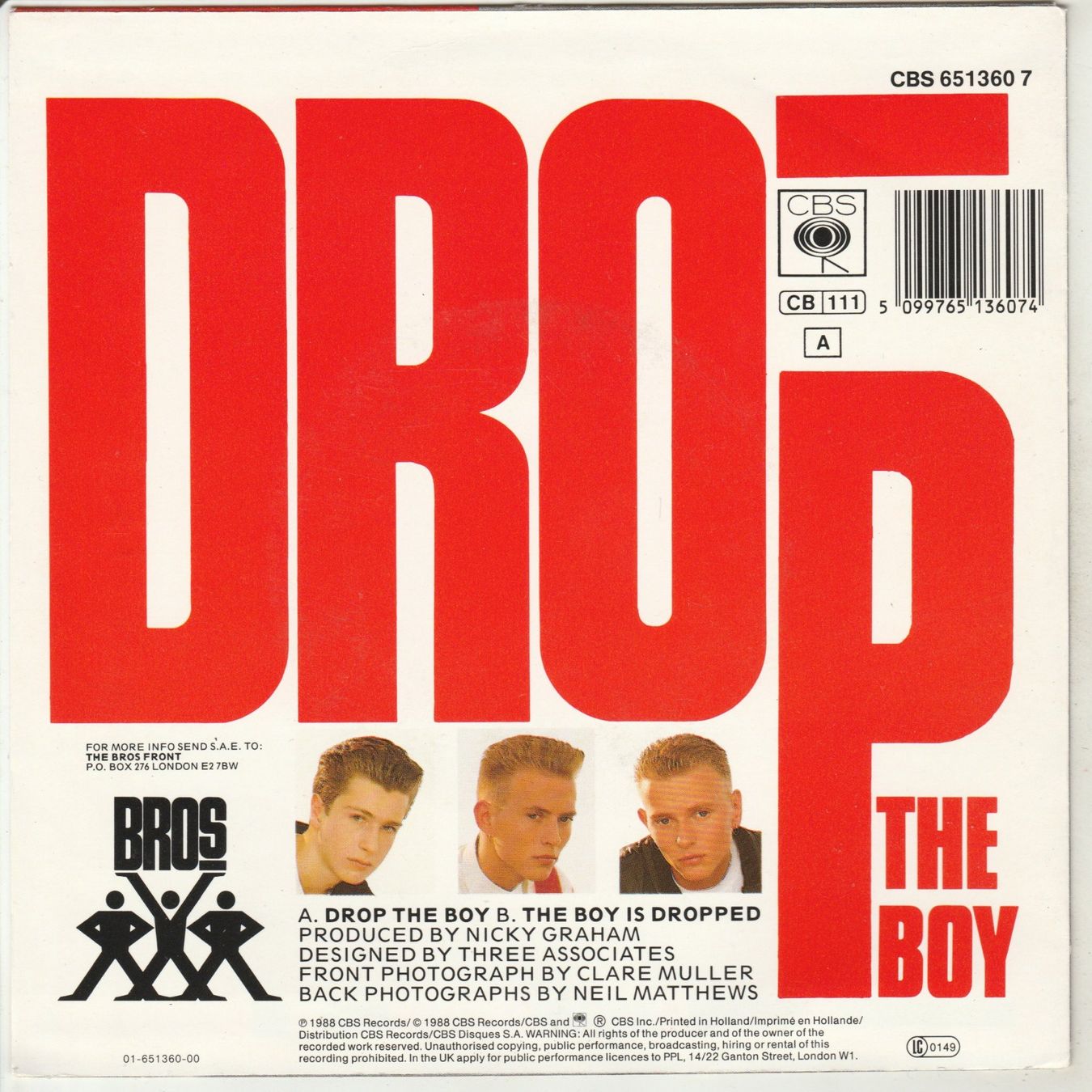 Dischi in vinile: Bros - Drop the Boy 7" Vinyl 1988 – Usato da Tübach venduto da JamesStone 1