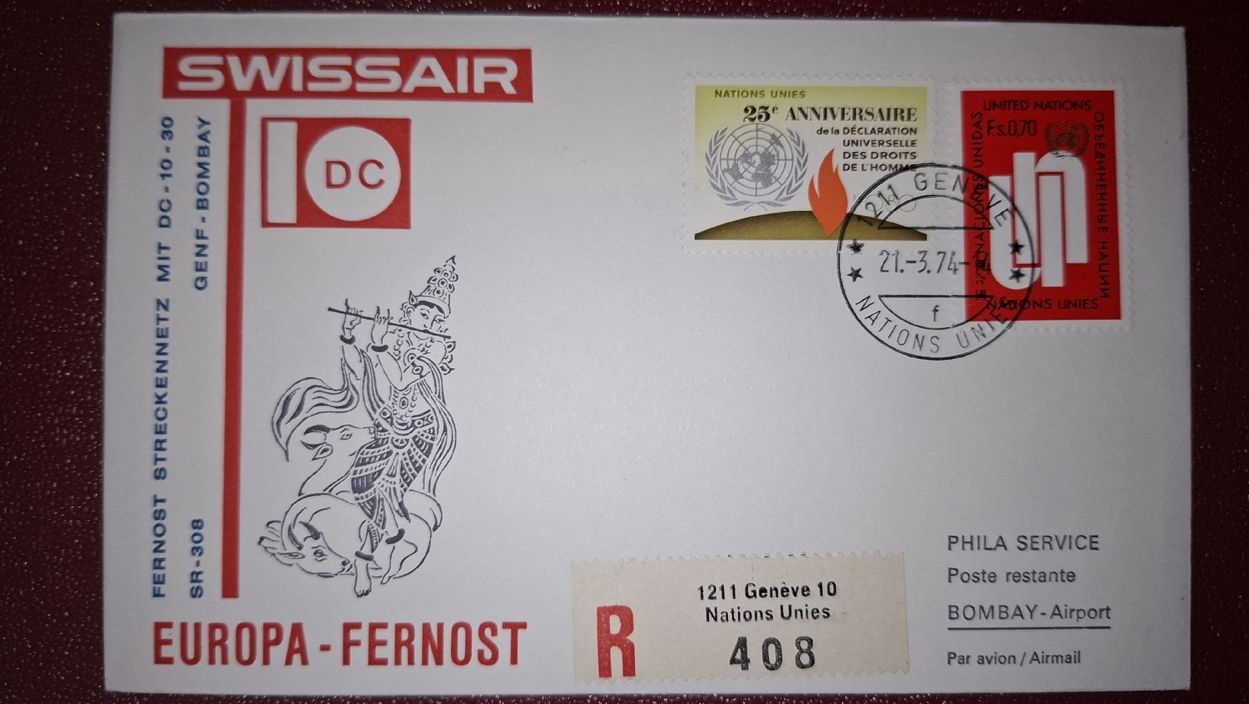 Alle Briefmarken: Swissair Genf - Bombay 21.03.1974 – Gebraucht aus Balgach von SIMEON27