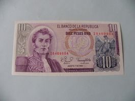 Kolumbien 10 Pesos Oro Banknote, Jahrgang 1980, Top Zustand