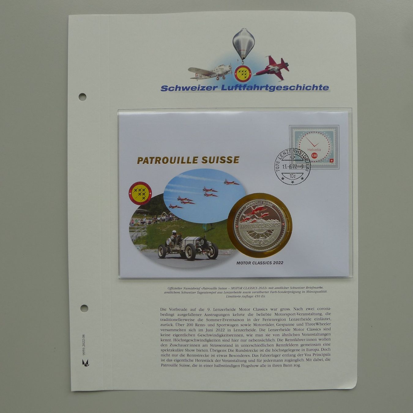 Tutti i francobolli: 2022, Patrouille Suisse Numisbrief "Motor Classics 2022" – Usato da Sursee venduto da Luzernerraute 4
