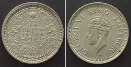BRITISCH INDIEN 1/4 Rupee 1944 Bombay GEORGE VI. Silber vz