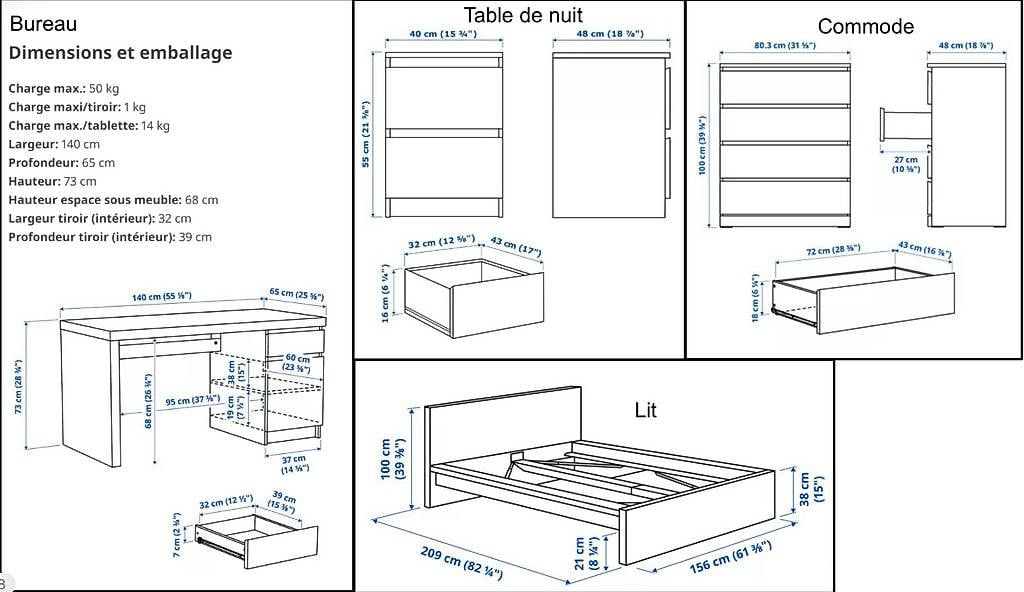 Ikea Letti: Lit + sommier + matelas + commode + table de nuit + bureau – Usato da Lausanne venduto da ali_6h88 3
