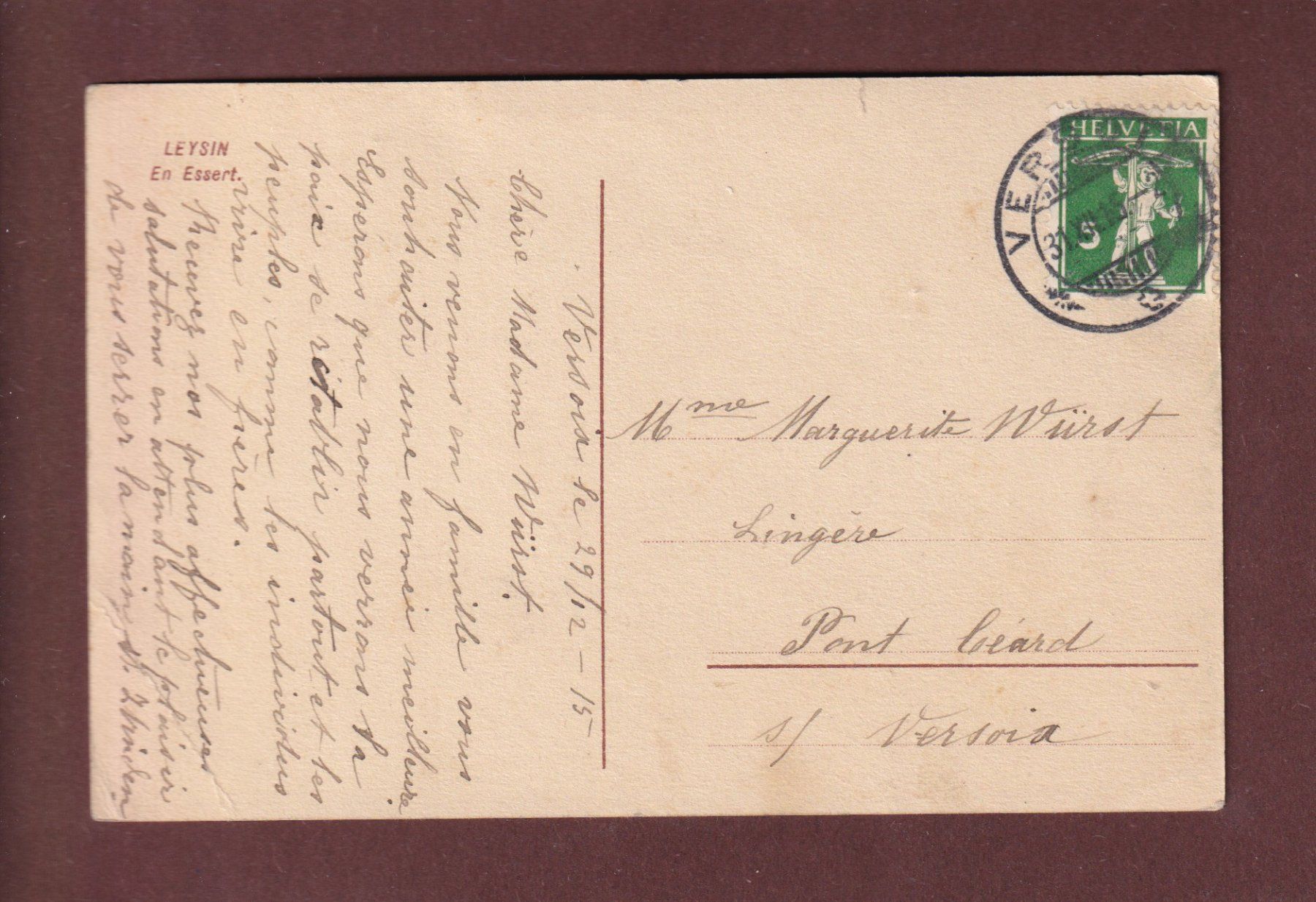 Cartoline postali: LEYSIN - En Essert - Verset - 1915 – Usato da Pully venduto da nicecards-shop 1