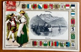 Chillon - Litho - Armoiries cantonales en reliefs - 1920