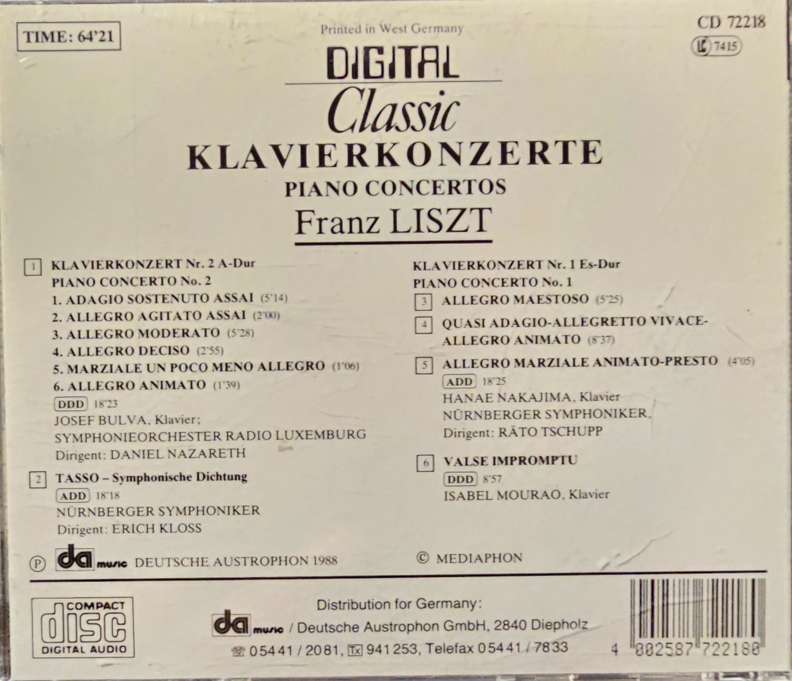 CD: Franz Liszt - Klavierkonzerte – Usato da Wahlen b. Laufen venduto da Cg10 1