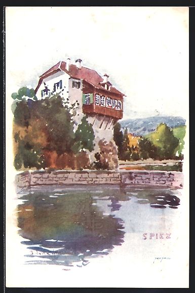 Cartoline postali: Spiez, Blick auf Bürgerhaus am See – Usato da Berlin venduto da bartko-reher