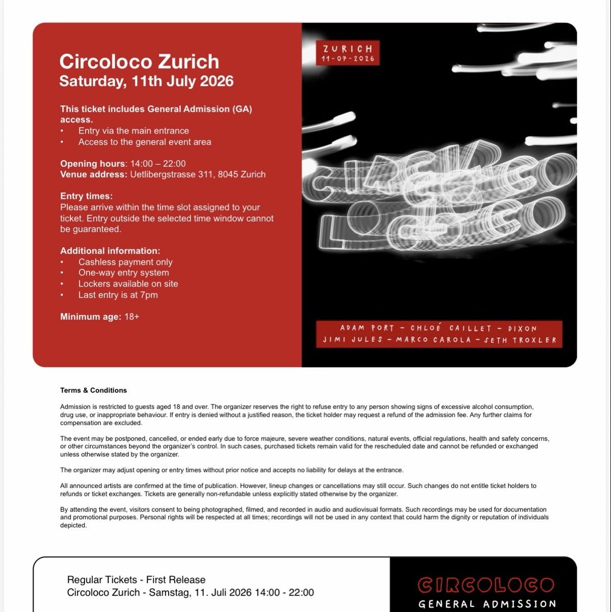 Tickets: Circoloco Zurich 11.07.2026 ANYTIME ENTRY Ticke – Neu und originalverpackt aus Zürich von praadas 1