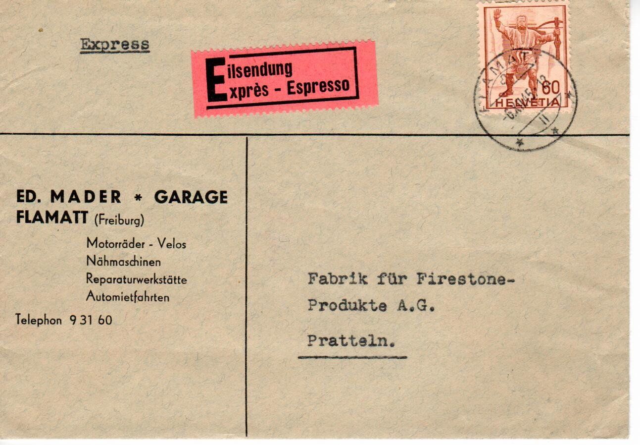 Alle Briefmarken: Brief, Ed. Mader Garage Flamatt 1945 – Gebraucht aus Wolhusen von Curver9
