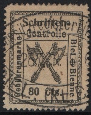 Alle Briefmarken: 80 Cts. Fiskalmarke der Gemeinde BIEL / BIENNE – Gebraucht aus Eglisau von Chperfins
