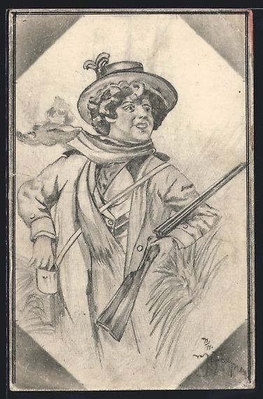 Cartoline postali: Handgemalt: Jägerin beim Laden ihrer Sc – Usato da Berlin venduto da bartko-reher