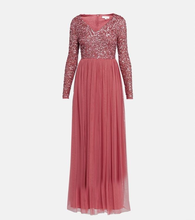 Abendkleid mit Tüll, Pailletten-Oberteil und Schlüsselloch-Ausschnitt | Helles Salbei main image 1