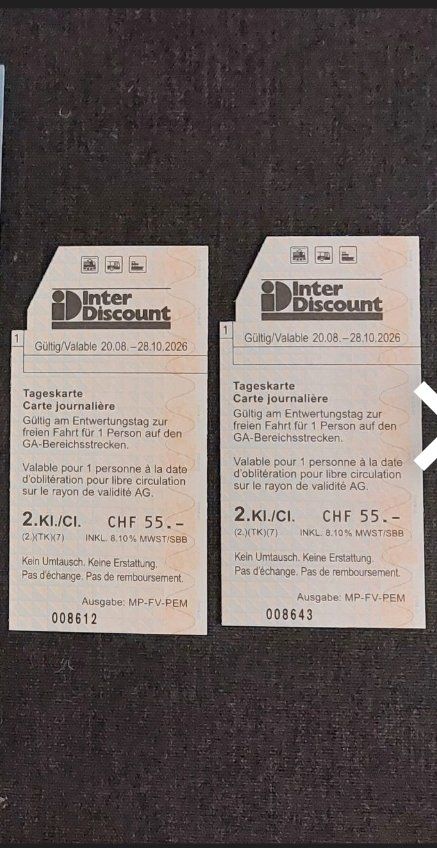 Biglietti: 2 Inter Discount Tageskarten 2. Klasse gebraucht – Nuovo e nell'imballaggio originale da Möriken AG venduto da Herbst68