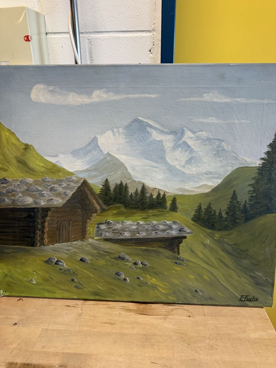 Gemälde: E. Fuchs Original Gemälde Schweizer Alpen Hütte Landschaft – Gebraucht aus Strengelbach von RaenAntikDesign 2