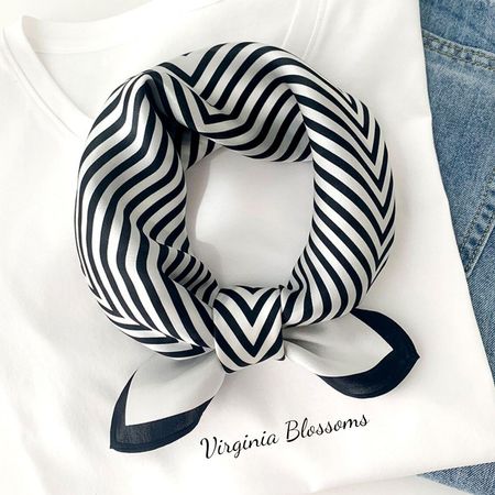 New 53cm Silk Scarf, Geometric Stripes Black White 100% Silk