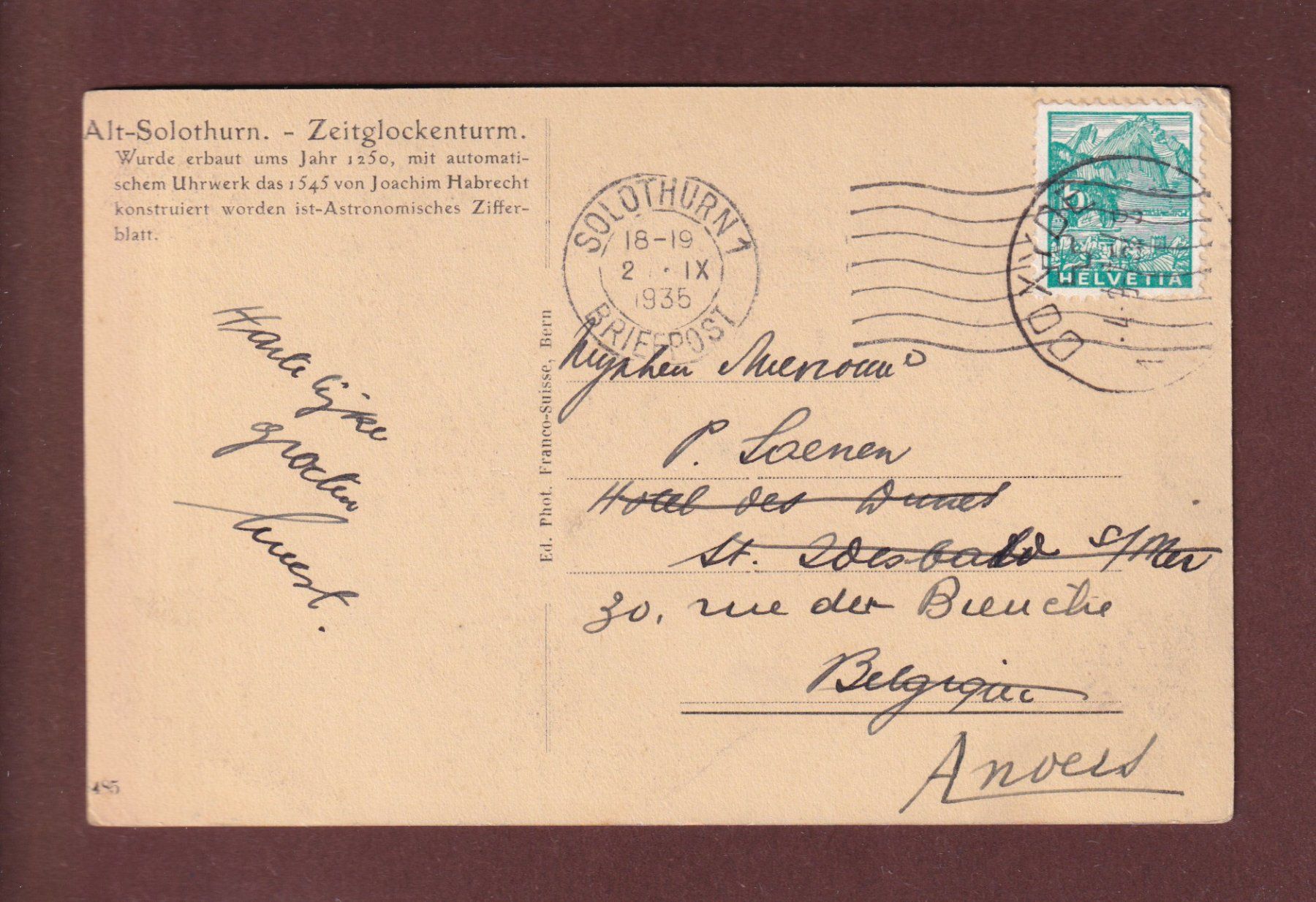 Cartoline postali: SOLOTHURN - Zeitglockenturm - 1935 – Usato da Pully venduto da nicecards 1
