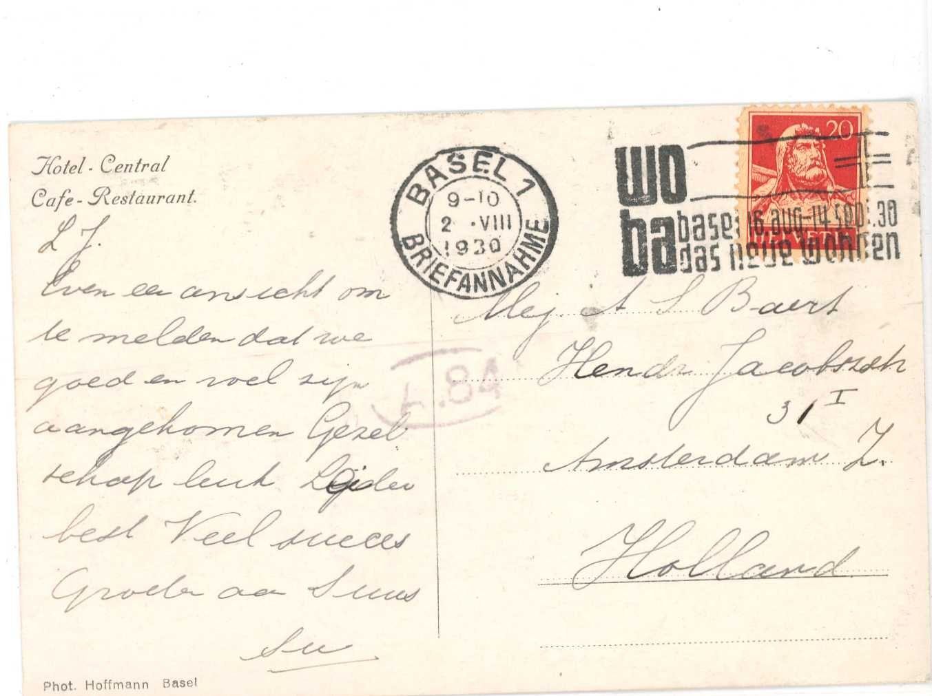 Ansichtskarten: Basel Tram Hotel  Central  1936 – Gebraucht aus Dallenwil von montem63 1