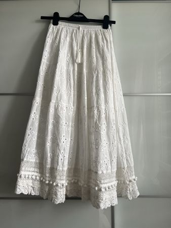 White Boho Summer Skirt with Pom Poms, Size Small