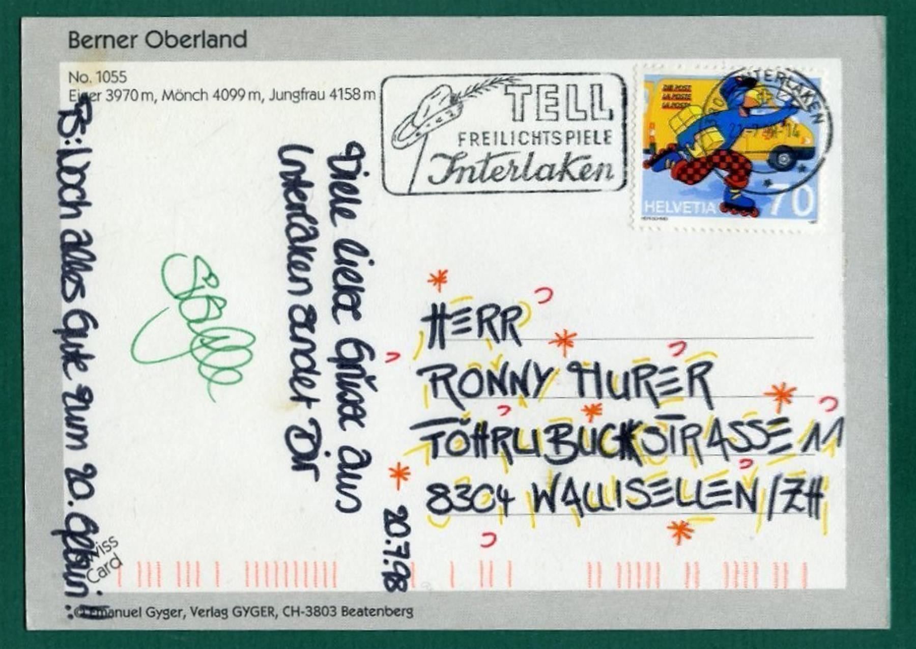Cartoline postali: Berner Oberland, Eiger, Mönch, Jungfrau, 1998, gelaufen – Usato da Sargans venduto da Hausi1951 1