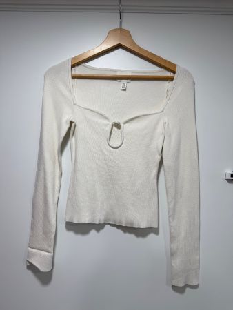 H&M Edles, Langarm-Rippstrickoberteil in Weiss, Gr. XS