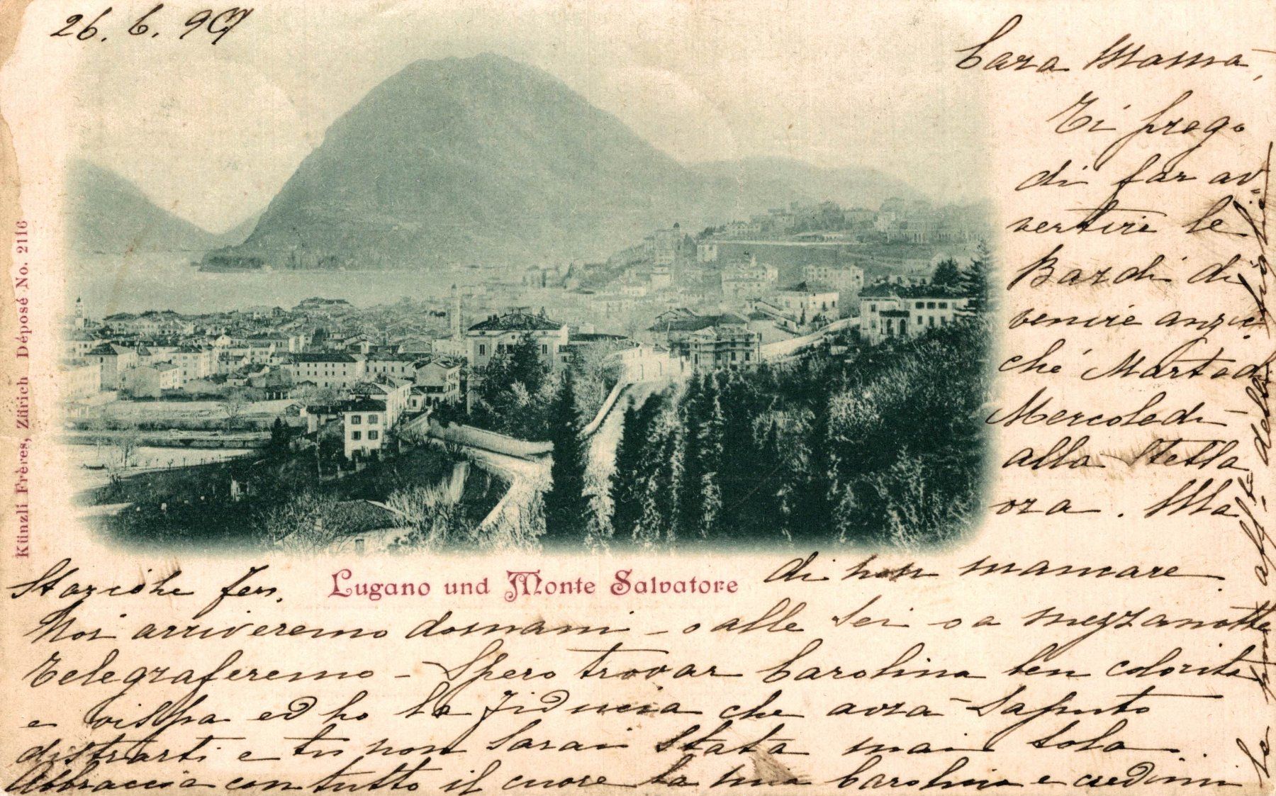 Cartoline postali: Lugano und Monte Salvatore, 1899 – Usato da Bronschhofen venduto da Astore