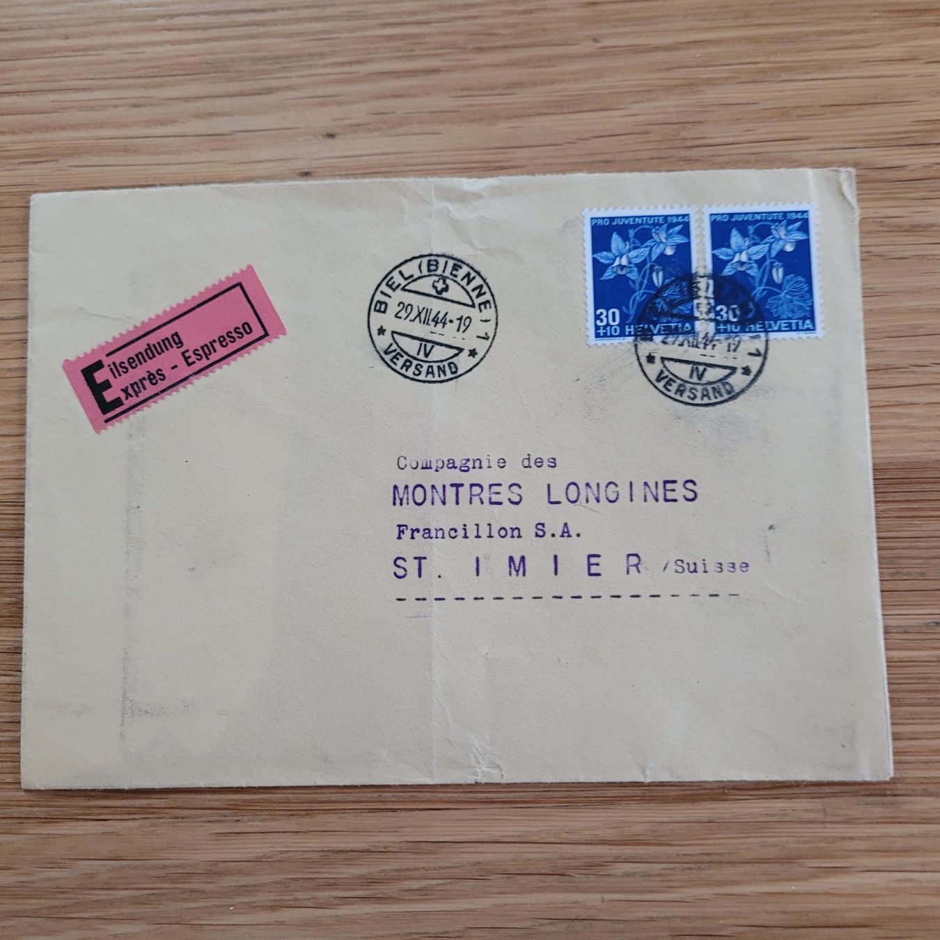 Tutti i francobolli: Dokument Pro Juventute Longines St.Imier 1944 – Usato da Biel/Bienne venduto da Destockweb