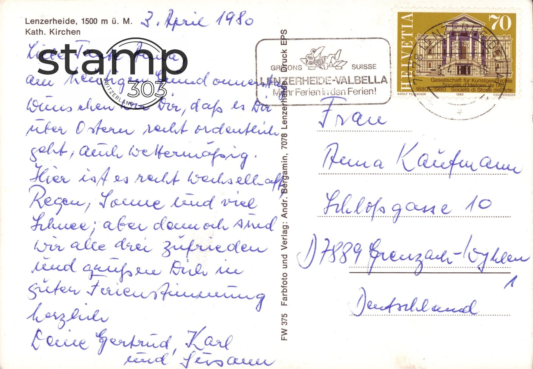 Cartoline postali: 1980 AK Lenzerheide Kath. Kirchen – Usato da Eggersriet venduto da stamp303 1