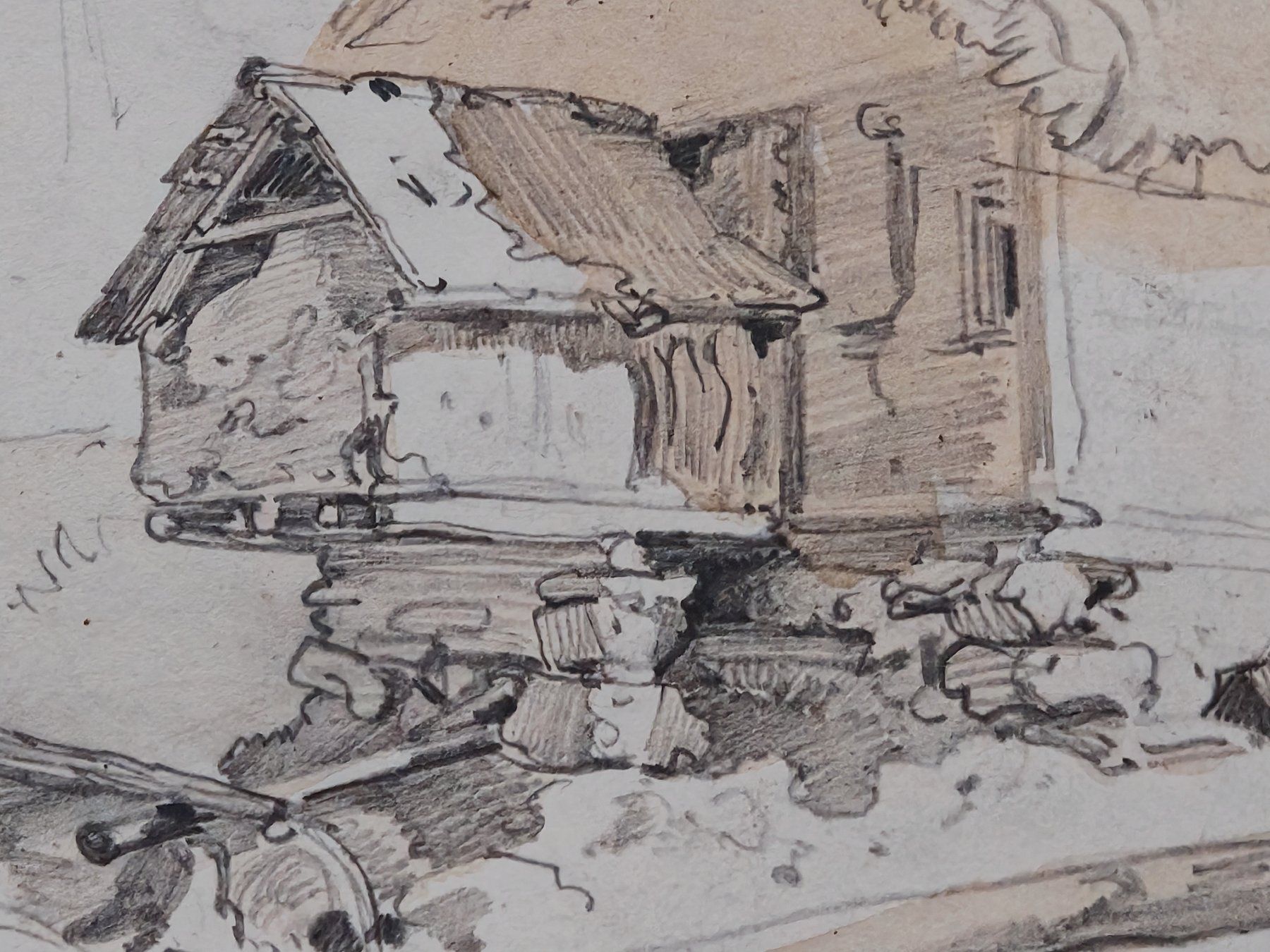 Dipinti: Aquarellierte Bleistiftzeichunng einer Stallscheune,19. Jh. – Usato da Zuerich venduto da Antiquarium 3