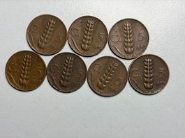 7 Italien 5 Centesimi Münzen Vittorio Emanuele III 1920-1929