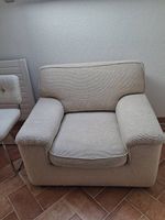 Ensemble canapé fauteuil pouf en laine crème