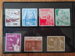 TWA Vignetten-Set Transatlantik Destinationen 1950er Jahre