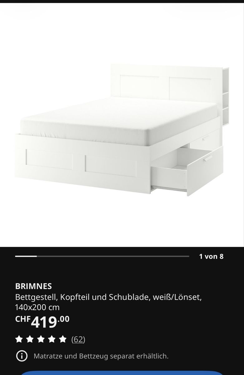 Ikea Betten: Ikea Brimnes Bett 140x200cm – Gebraucht aus Besenbüren von Oli3456