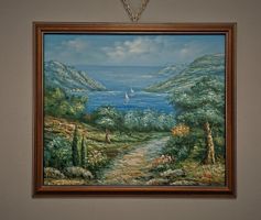 Vintage französisches Küsten-Ölbild mit Segelbooten, gerahmt