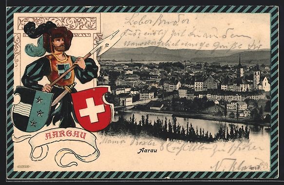 Cartoline postali: Präge-AK Aarau, Teilansicht, Krieger mi – Usato da Berlin venduto da bartko-reher