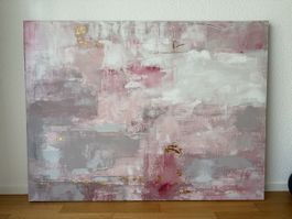 Abstraktes Leinwand Bild, rosé-grau-weiss mit Goldakzenten