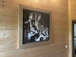 Chamois des montagnes, peinture à l'huile signée.