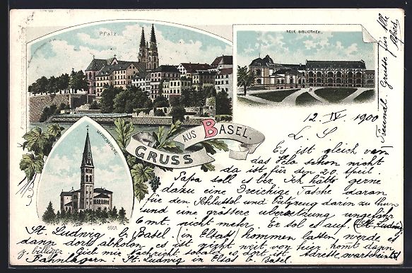 Cartoline postali: Litho Basel, Neue Bibliothek, Marienkirc – Usato da Berlin venduto da bartko-reher