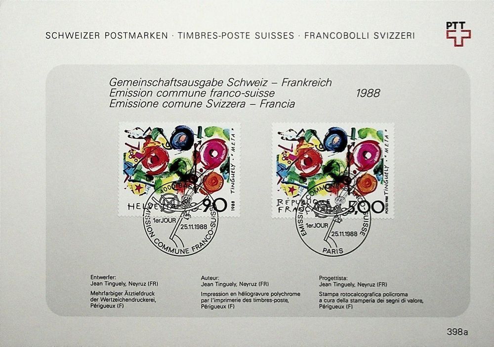 Tutti i francobolli: Feuillet  no 398 a TINGUELY CH + F cote SBK 60.- – Usato da Bôle venduto da Frouz
