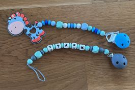 Schnullerkette Set Silikon mit Figur blau gebraucht