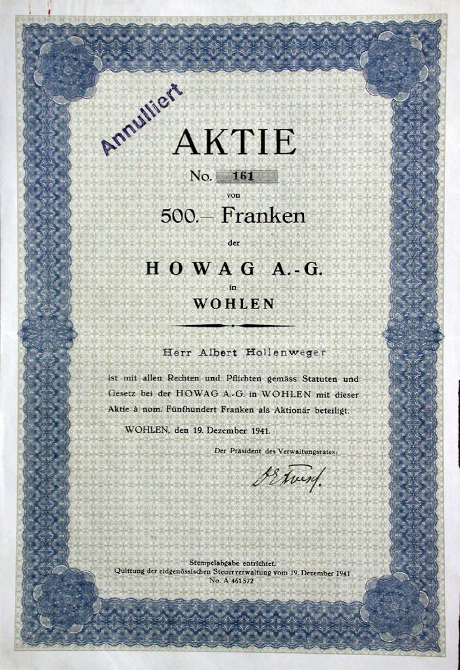 Documenti: Howag AG Wohlen, Wohlen - 1941 – Usato da Solothurn venduto da Sgasche