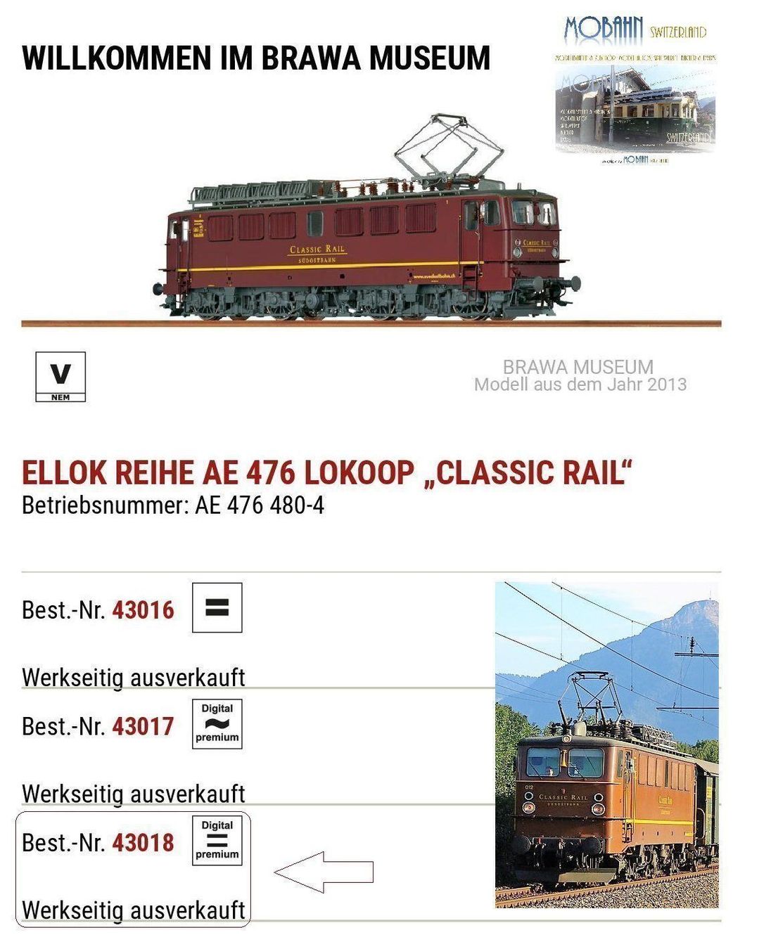 Brawa Trains électriques: BRAWA 43018 - Ae 476 SOB - DCC/Sound – Neuf avec emballage d'origine à Rotkreuz par MOBAHN-1zu87 7