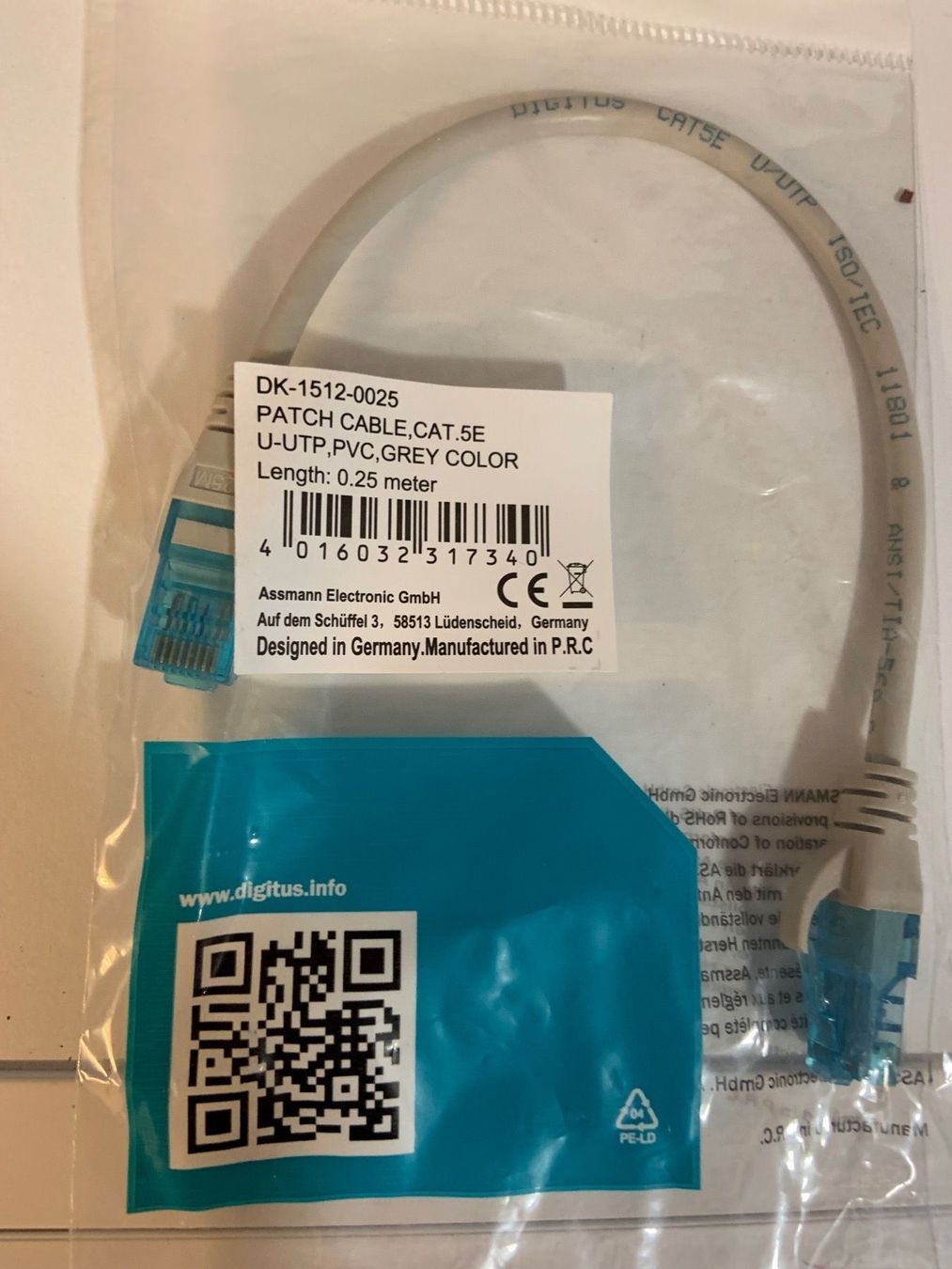 Kabel: Patch Kabel 0.25m, Grau – Neu und originalverpackt aus Therwil von Zak0