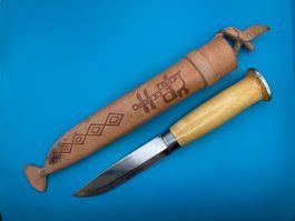 Finnisches Lapin Puukko Messer mit Birkengriff und Leder
