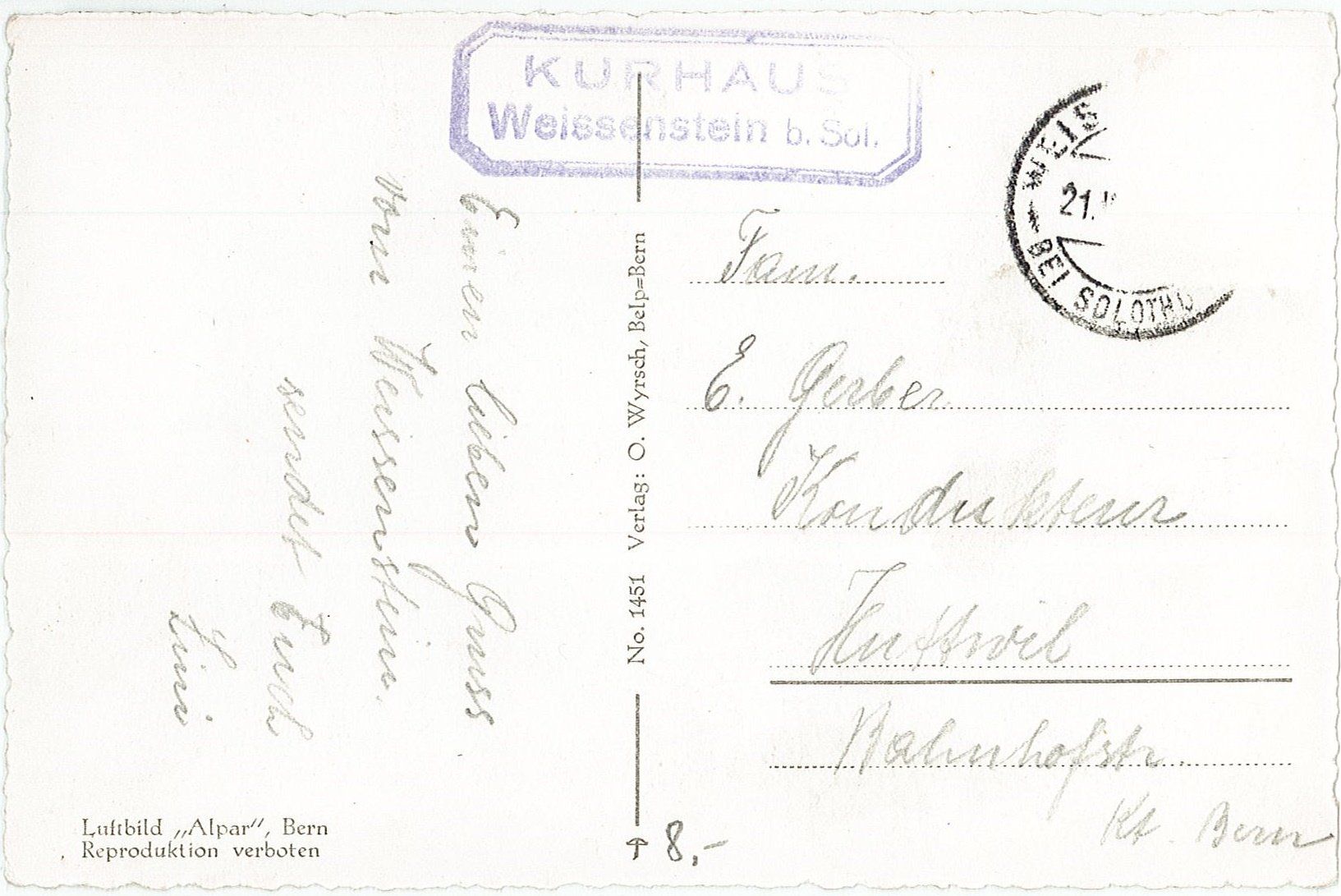 Cartoline postali: SO 80 Kurhaus WEISSENSTEIN Fliegerbild – Usato da Fribourg venduto da philafri 1