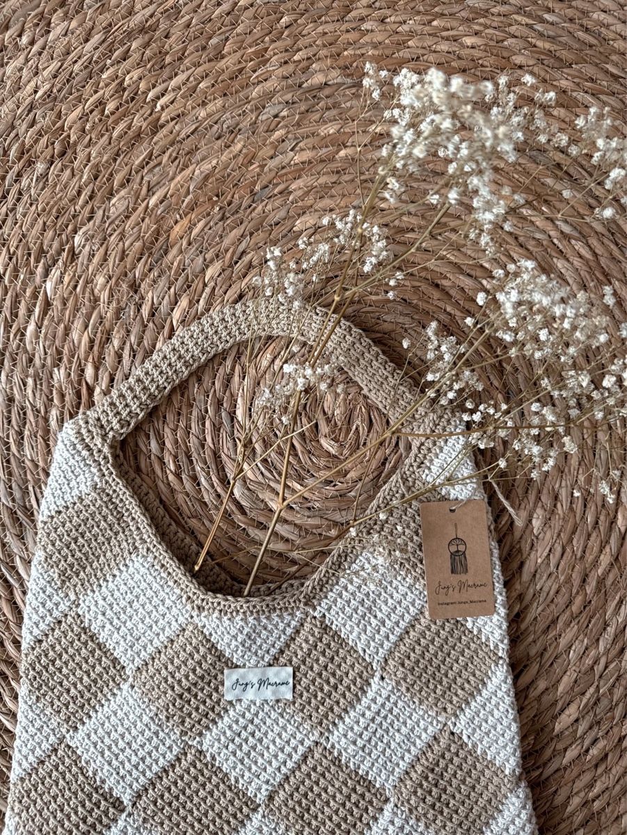 Taschen: Crocheted Bag Beige Diamond Pattern – Neu (gemäss Beschreibung) aus Lossy von Jungs_Macrame 1