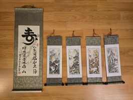 5er Set Asiatische Schriftrollen, Wandbilder Jahreszeiten