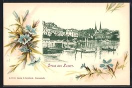 Litho Luzern, Ortspartie mit Kirche, Blu