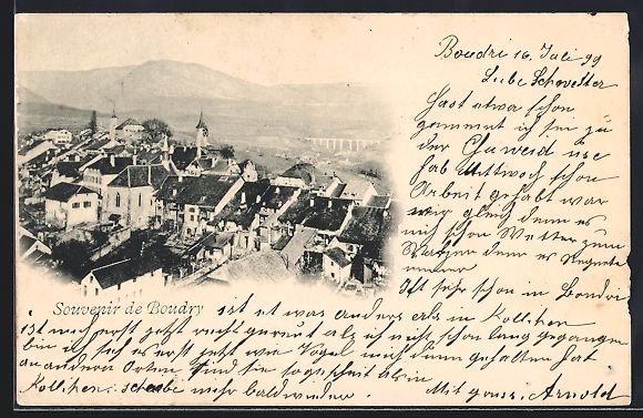 Cartoline postali: Boudry, Totalansicht mit Bergpanorama au – Usato da Berlin venduto da bartko-reher