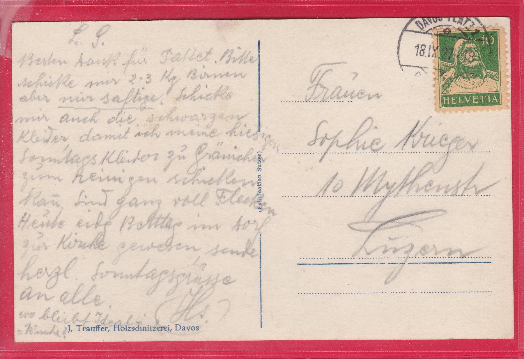 Cartoline postali: DAVOS MIT THURGAUER SANATORIUM, 18.9.1927 – Usato da Oberrieden venduto da Gebirgsstelze 1
