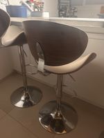 3 x bar stools wood , cream leather and metal